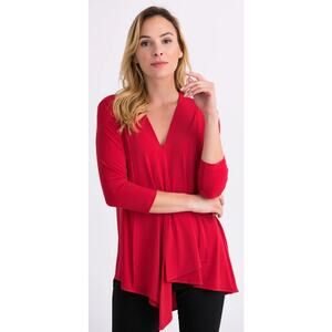 IC by Connie K Red Silky Knit 3/4 Sleeve V Neck Asymmetric Tunic Top Size Large